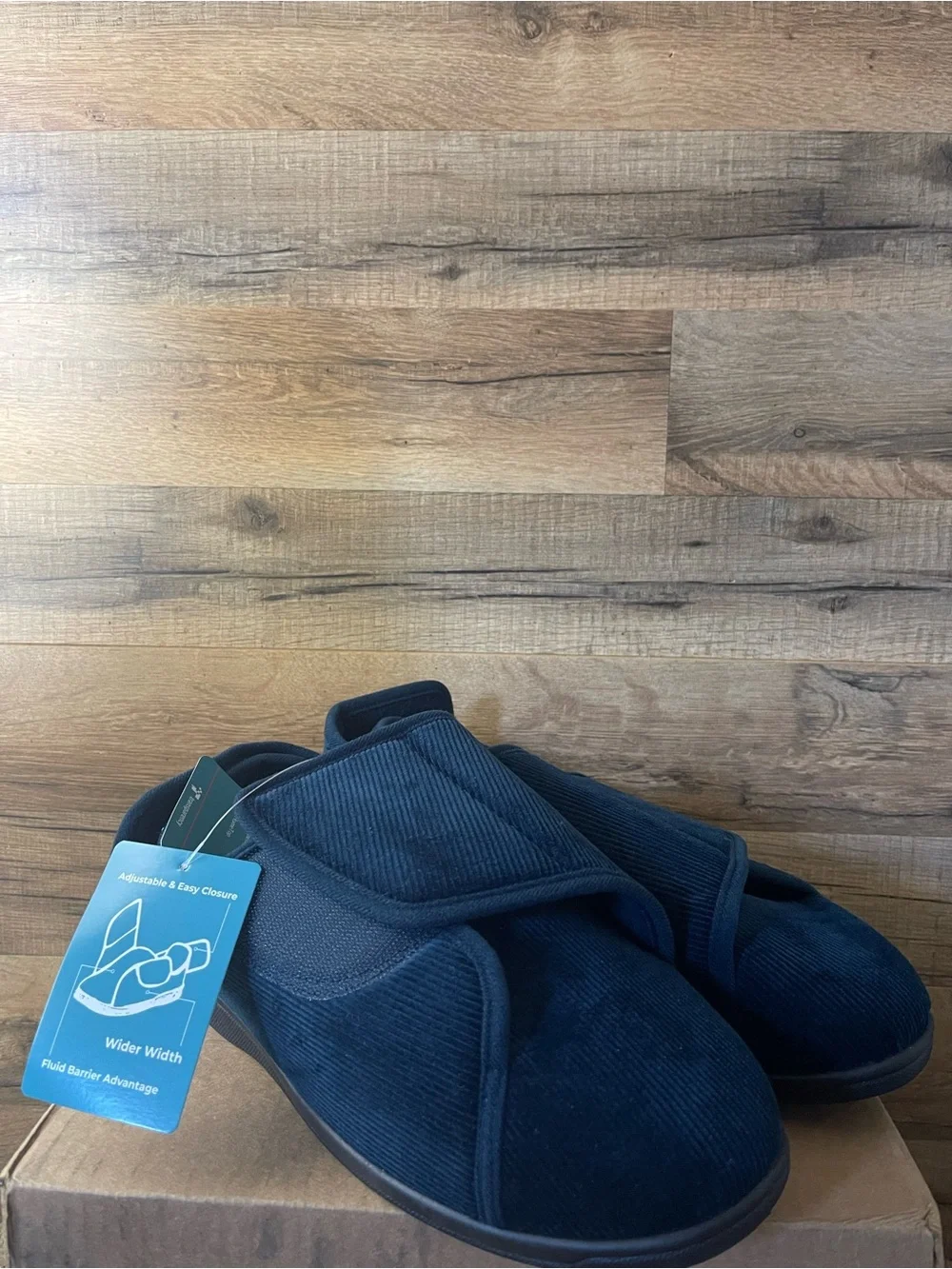 Home Top Mens Size 10 Navy Corduroy Adjustable Hook & Loop Memory Foam Slippers
